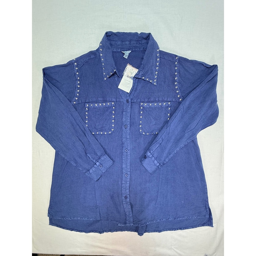 Cato Womens Blue Studded Rayon Button Down Shirt Long‎ Sleeve Plus Size 18/20W - Picture 7 of 8